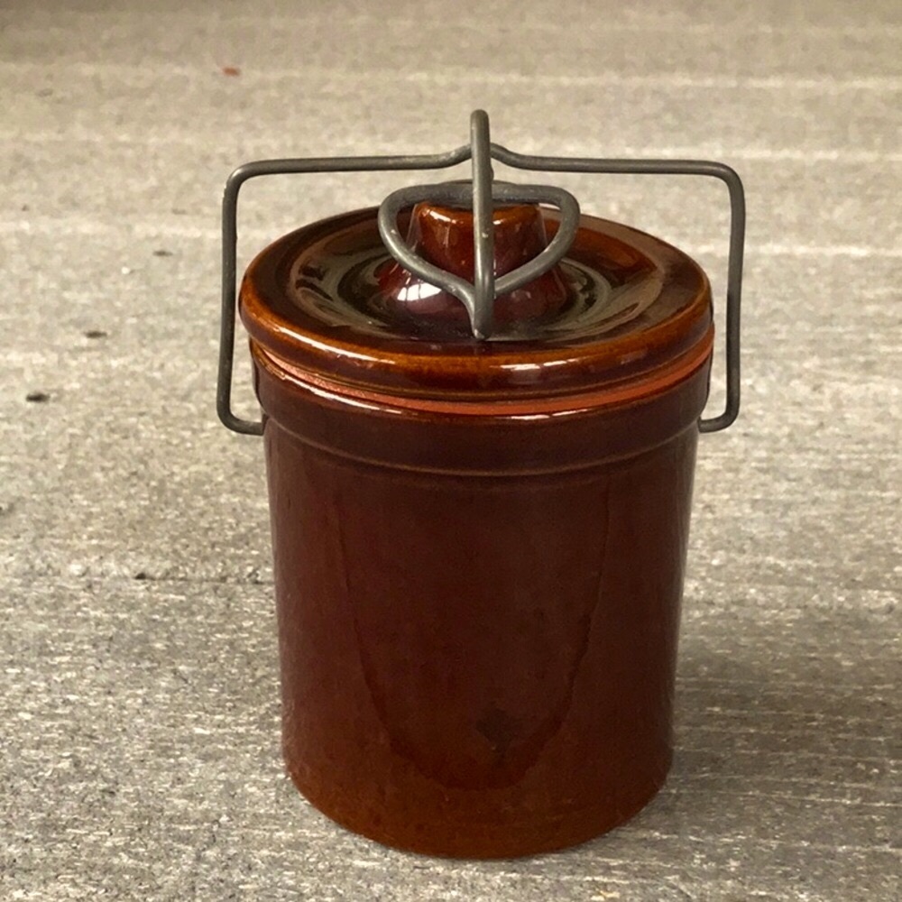 Vintage Dark Brown Ceramic Stoneware Crock Metal Locking Lid and Rubber Gasket